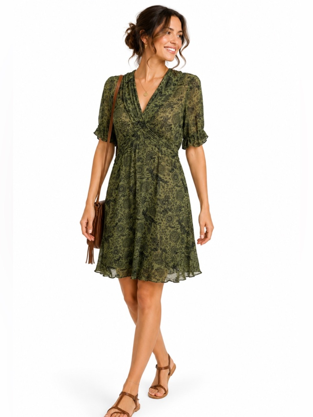 ULF Anderson Green Size Medium Bloom Chic Midi Dress Floral Short Sleeve Pattern